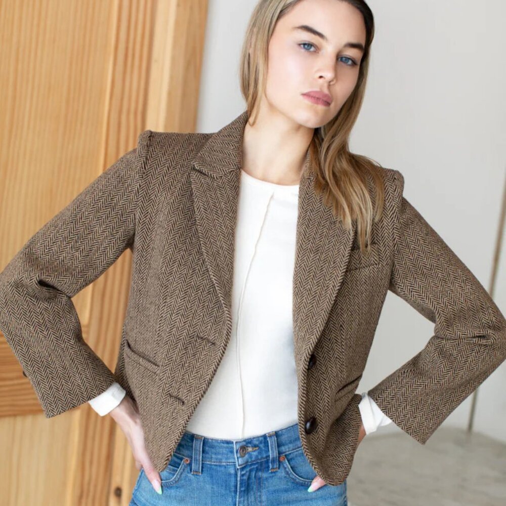 NWT Emerson Fry Cropped Blazer - Brown Herringbone Size 2